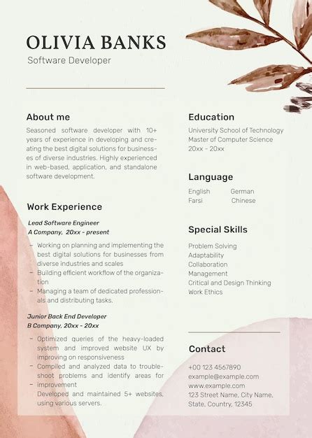 Modèle de CV pastel féminin psd avec fond de texture de papier PSD