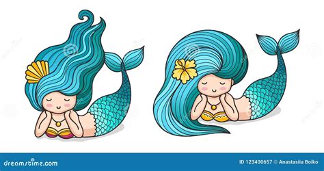 Cute Lying Dreamy Mermaids With Long Blue Hair Stock Vector