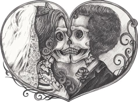 Art Couple Wedding Love Skulls Hand Drawing And Make Graphic Vector