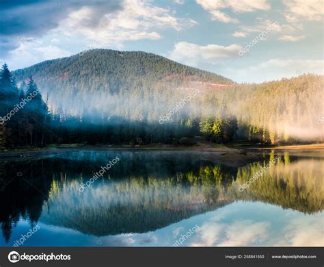 Gorgeous Foggy Sunrise Lake Forest Lovely Autumnal Landscape Mountains ...