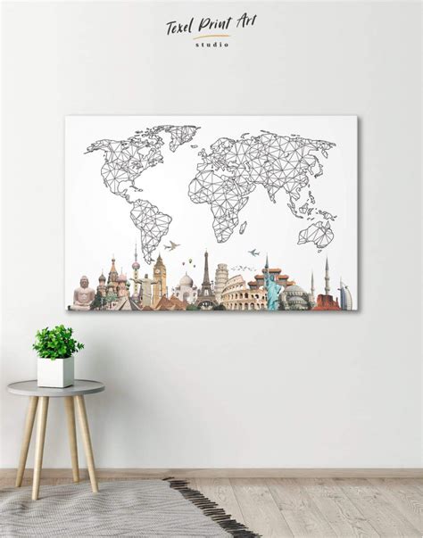 Geometric World Map with Landmarks Canvas Wall Art | TexelPrintArt