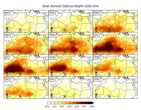 Monthly Averages Of Eac4s Dust Aerosol Optical Depth At 550 Nm For