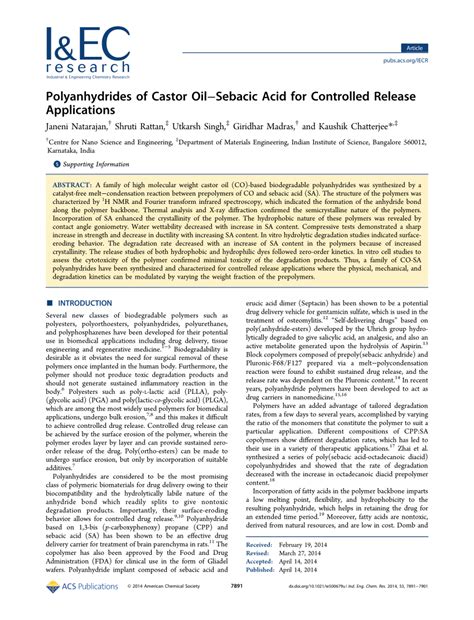 PDF Polyanhydrides Of Castor OilSebacic Acid For Controlled Release