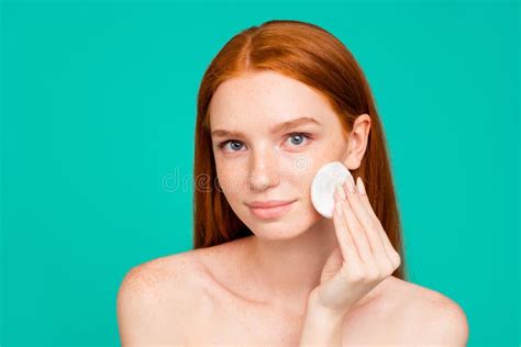 Close Up Portrait Of Nude Positive Red Haired Girl With Shiny Pu Stock