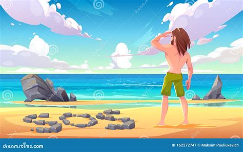 Castaway Man On Uninhabited Island Shipwreck Stock Vector