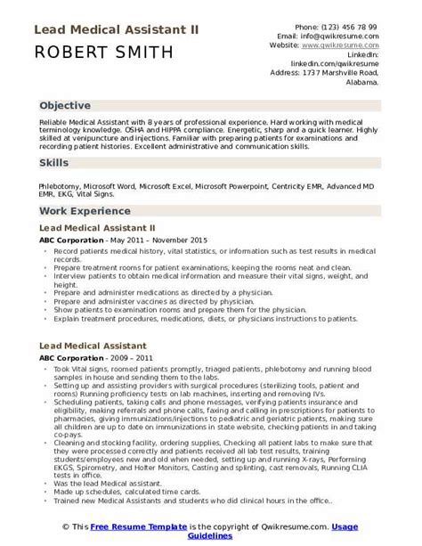 Lead Medical Assistant Resume Samples Qwikresume