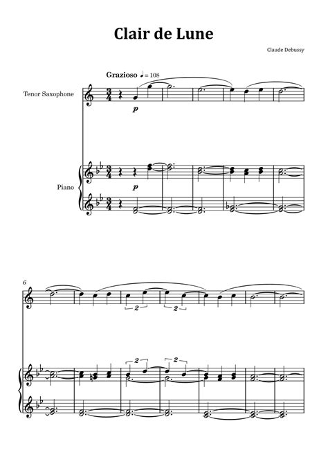 Clair De Lune By Debussy Tenor Saxophone And Piano Arr Glauco Fernandes Sheet Music