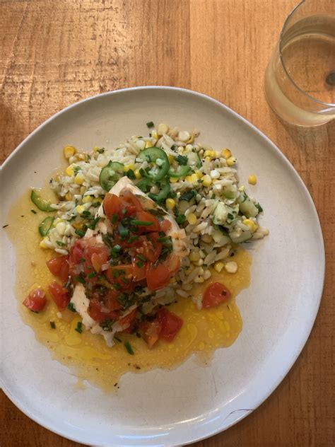 GRILLED HALIBUT W SUMMER ORZO AND TOMATO BASIL BEURRE BLANC The