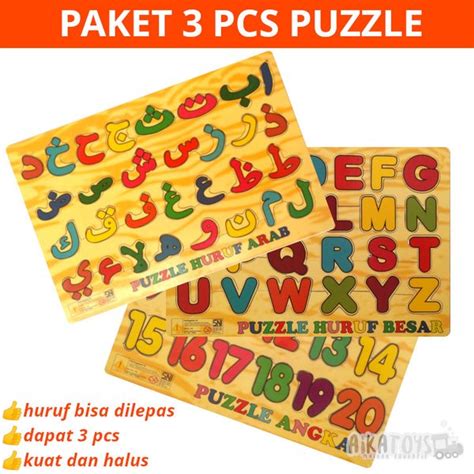 Jual Mainan Edukasi Paket Puzzle Kayu Isi 3 Huruf Besar Hijaiyah Angka