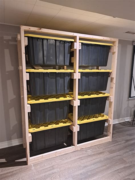 Tote Storage Rack Diy Plans 102l Totes Garage Organization Basement Storage Tool Compartments