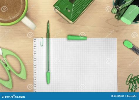 Office Tools On Wooden Desk With Coffee Stock Image Image Of Desk