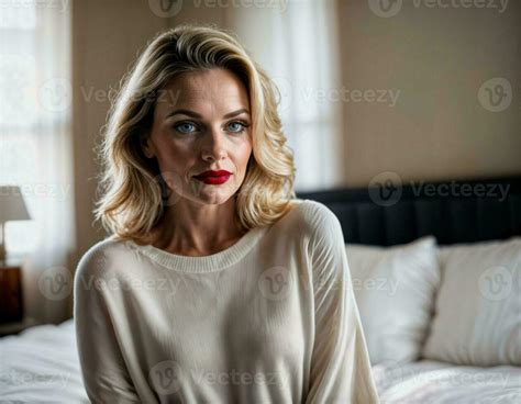 AI Generated Photo Of Beautiful Middle Aged Woman With Blonde Hair In Bedroom Generative AI