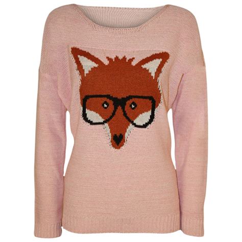 New Womens Fox With Glasses Print Knitted Jumper Ladies Long Sleeve