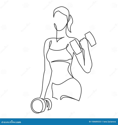 Woman Lifting Weights Continuous One Line Drawing Female Bodybuilder