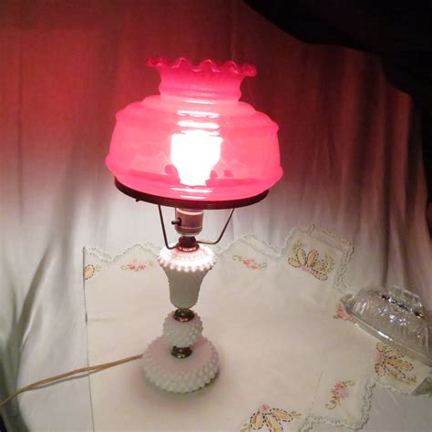 Vintage White Milk Glass Hobnail Table Lamp With Red Glass Etsy