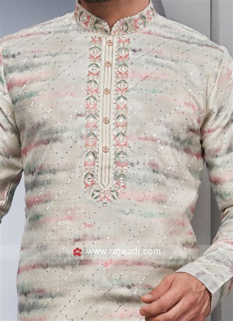 Cream Embroidered Kurta Pajama For Men