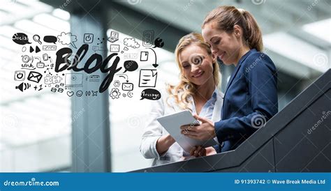 Digital Composite Image Of Businesswomen Using Tablet Pc With Blog