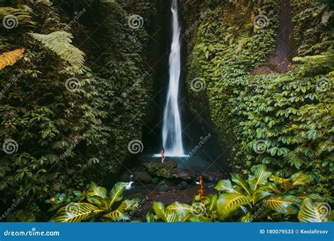 Waterfall In Tropical Jungle And Alone Woman In Bikini Leke Leke Waterfall In Bali Stock Image