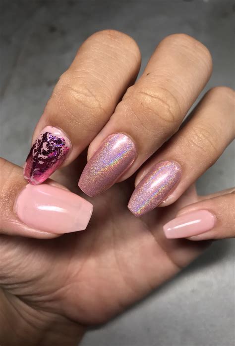 Nude Pink Gel With Pink Chrome And Pink Leaf Art R Nails