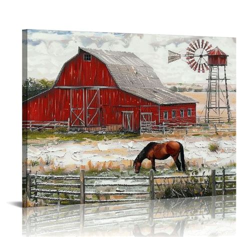 Comio Farmhouse Red Old Barn Wall Art Country Windmill Landscape