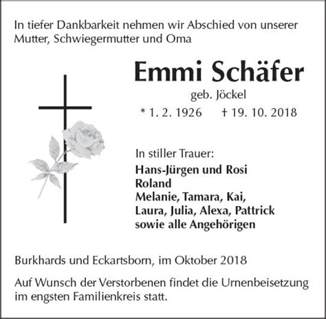 Traueranzeigen von Emmi Schäfer vrm trauer de