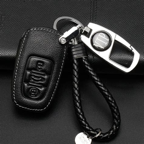 Genuine Leather Car Key Fob Cover Case Set Metal Keychain Ring For Audi