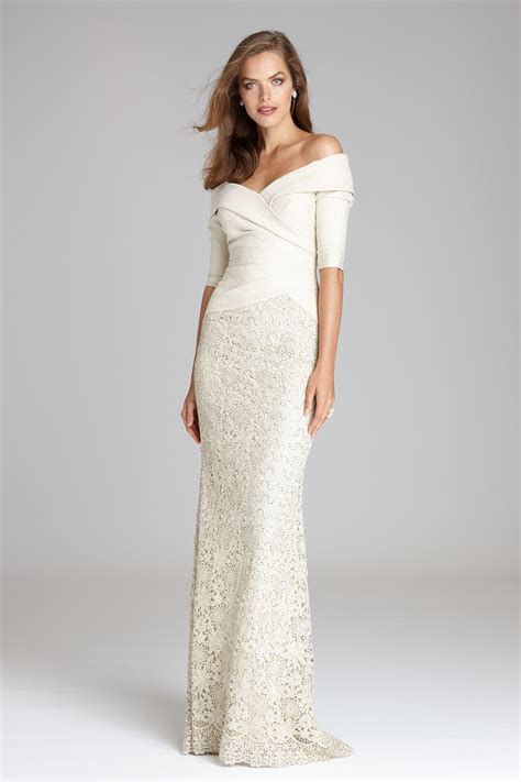 Elbow Sleeve Off Shoulder Metallic Lace Skirt Combo Gown Teri Jon