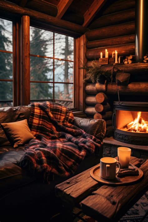 AI generated A cozy cabin interior with a roaring fireplace, soft blankets, and a hot cup of tea ...