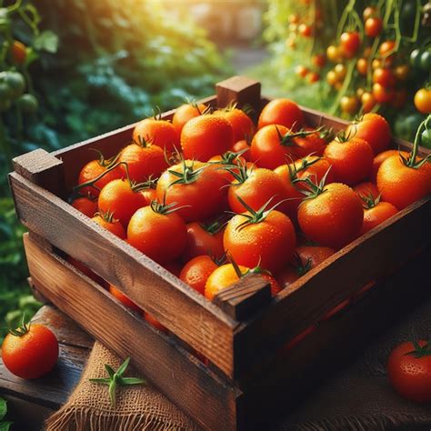 Caja De Madera Llena De Tomates Rojos Frescos Maduros Con Tallos Verdes