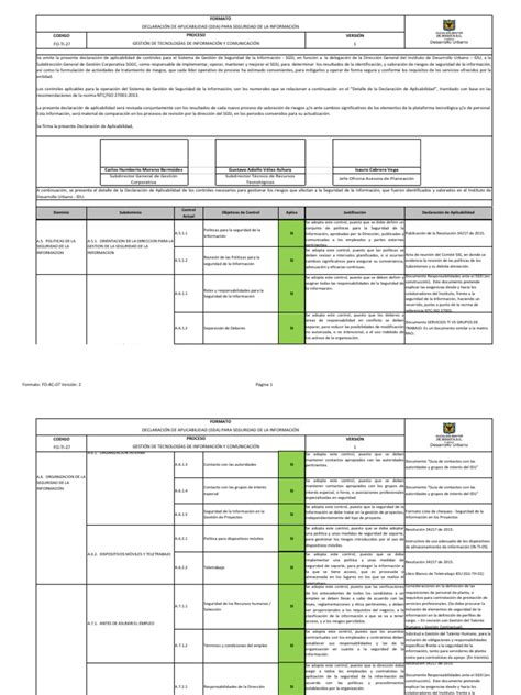 01 Fo Ti 27 Formato Declaracion De Aplicabilidad V 1 0 Diligenciado Dic2015 Seguridad De