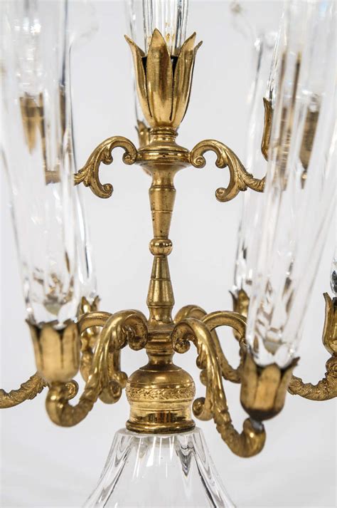 19th C English Crystal Epergne Centerpiece With 9 Trumpets In Bronze