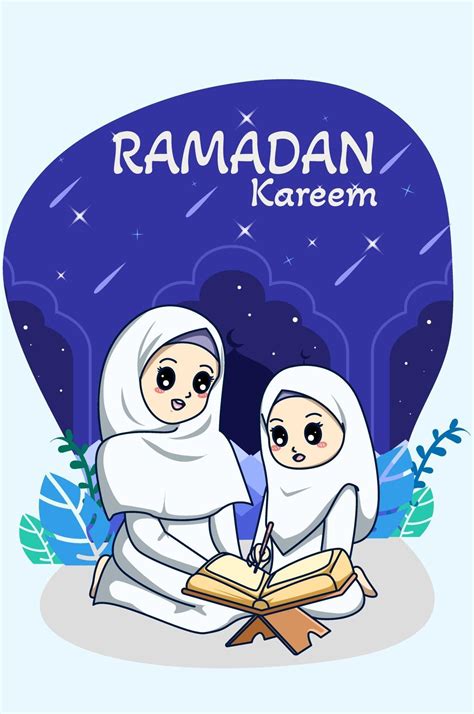 Muslim Girls Reading Koran At Ramadan Kareem Cartoon Illustration