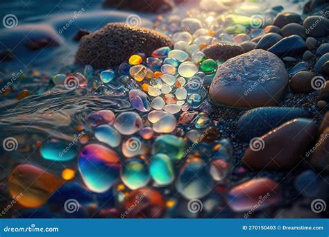 Colorful Shining Vibrant Pebbles On Beach Closeup Generative Ai Stock