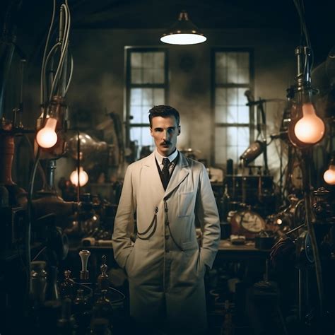 Realistic Photography Of Nikola Tesla In His Laboratory Premium AI