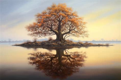 Oak Tree Reflection On Calm Lake Surface Stock Illustration