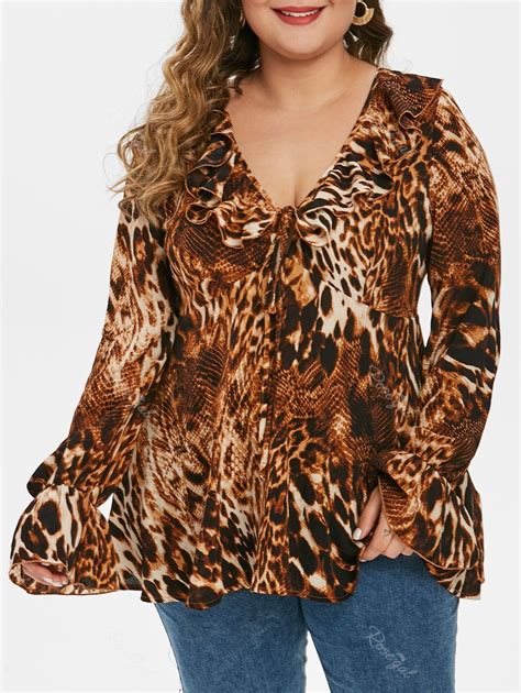 Plus Size Ruffle Leopard Print Blouse [36 Off] Rosegal