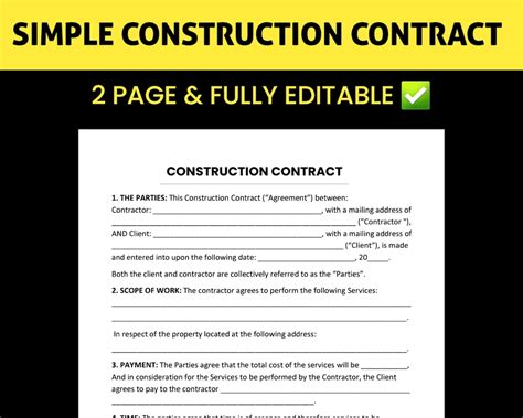 Construction Contract Agreement Template Printable Pdf Editable And Fillable Microsoft