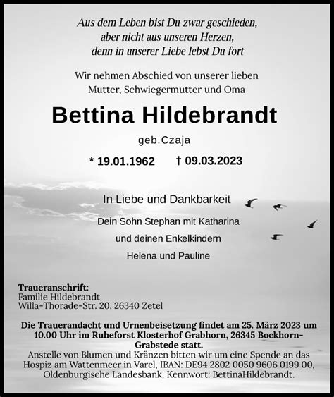 Traueranzeigen Von Bettina Hildebrandt Nordwest Trauer De