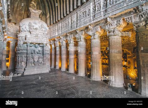 AJANTA, INDIA - 14 JANUARY 2015: Chaitya-griha or prayer hall in Cave 26. Part of 29 rock-cut ...