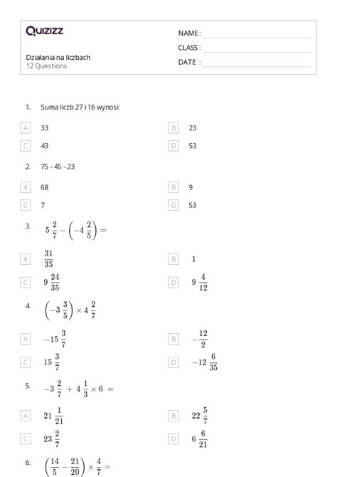 Ponad Operacje Na Liczbach Wymiernych Arkuszy Roboczych Dla Klasa