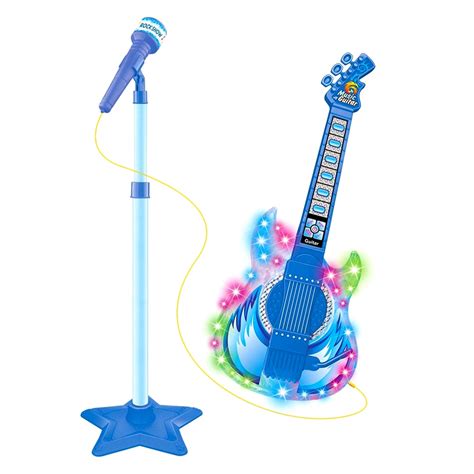 Guitarra E Microfone Infantil Pedestal Rock Show Azul Som E Luz