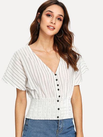 SHEIN Batwing Sleeve Shirred Hem Button Up Striped Blouse Womens