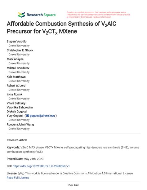 Pdf Affordable Combustion Synthesis Of V Alc Precursor For V Ctx Mxene