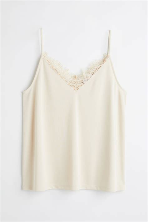 Lace Trimmed Cami Top Deep Neckline Sleeveless Light Beige