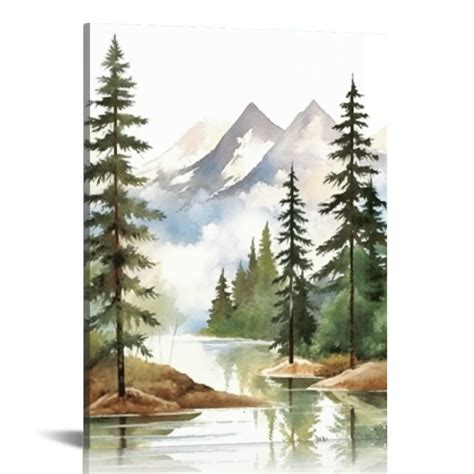 Onetech Large Framed Mountain Canvas Wall Art Watercolor Forest