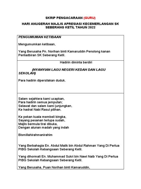 Skrip Pengacaraan Majlis Apresiasi 2022 Pdf