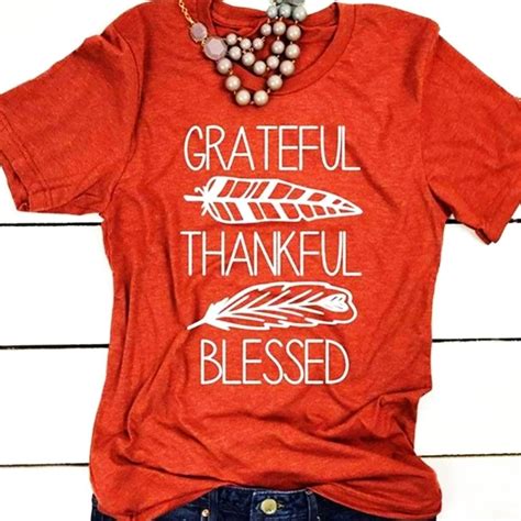 Grateful Thankful Blessed T Shirt Red Print O Neck