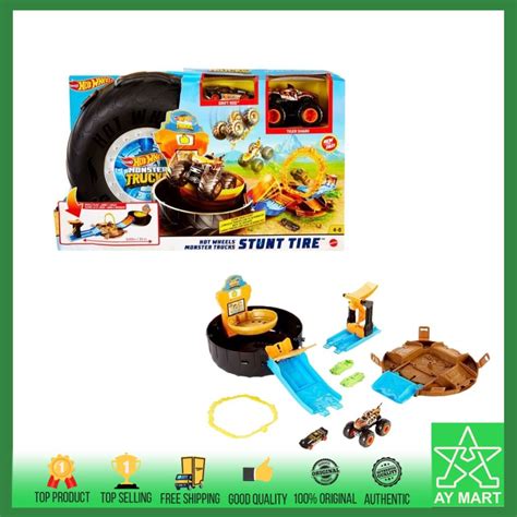 Hot Wheels Monster Trucks Stunt Tire Playset Opens Reveal Arena Launcher Scale Car Big Foot