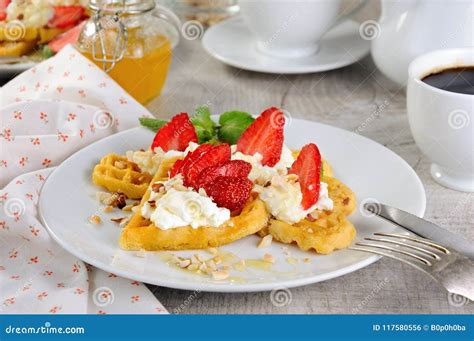 Belgian Waffles With Whipped Cream And Strawberries Stock Photo Image