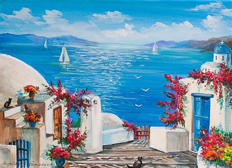 Pittura Dell Isola Greca Su Tela Santorini Isola Blu Mare Etsy